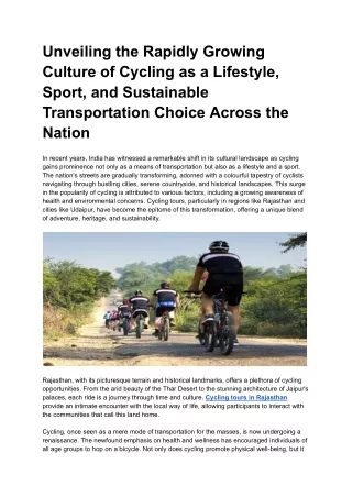 Unveiling the Rapidly Growing Culture of Cycling as a Lifestyle, Sport, and Sustainable Transportation Choice Across the