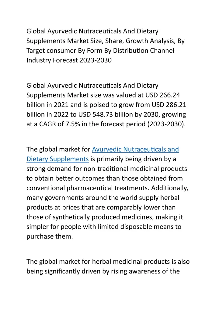 global ayurvedic nutraceuticals and dietary