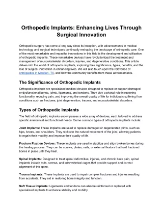 Orthopedic Implants: Enhancing Lives Through Surgical Innovation
