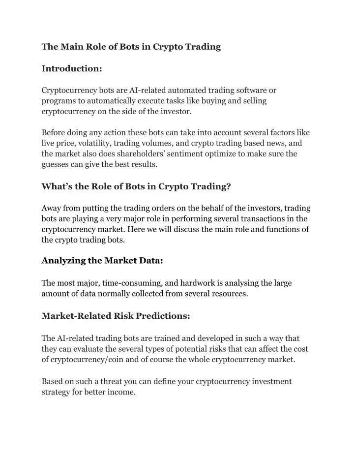 the main role of bots in crypto trading