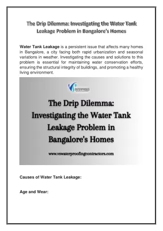The Drip Dilemma Investigating the Water Tank Leakage Problem in Bangalore's Homes