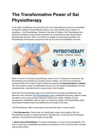 The Transformative Power of Sai Physiotherapy