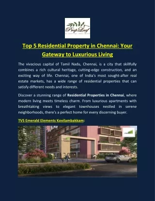 Top 5 Residential Property in Chennai Your Gateway to Luxurious Living