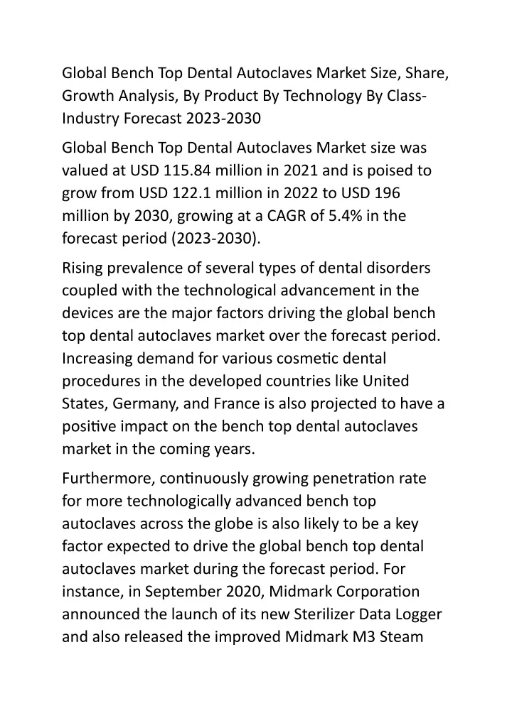 global bench top dental autoclaves market size