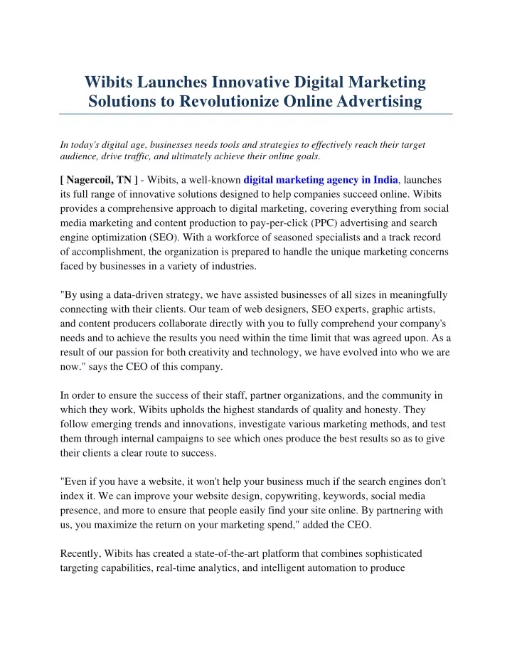 wibits launches innovative digital marketing