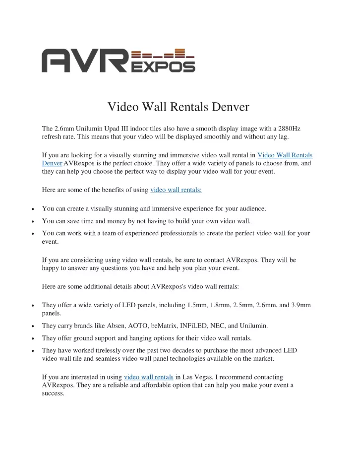 video wall rentals denver