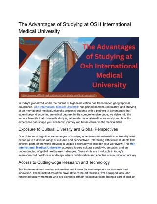 The Advantages of Studying at OSH International Medical University