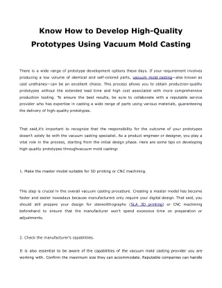 Know How to Develop High-Quality Prototypes Using Vacuum Mold Casting