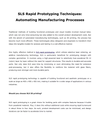 SLS Rapid Prototyping Techniques Automating Manufacturing Processes