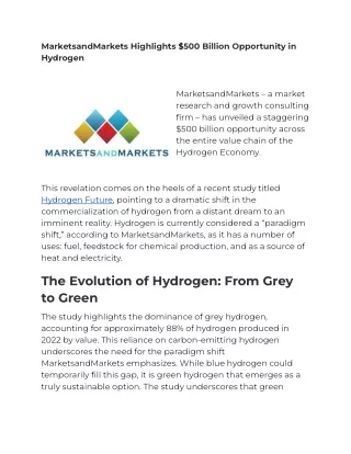 MarketsandMarkets Highlights $500 Billion Opportunity in Hydrogen