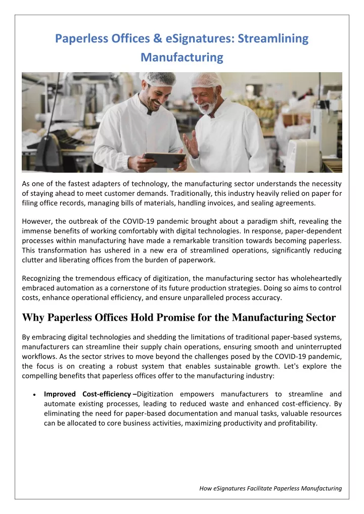 Ppt Paperless Offices And Esignatures Streamlining Manufacturing Powerpoint Presentation Id 