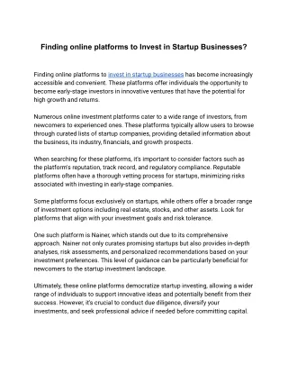 Finding online platforms to Invest in Startup Businesses?