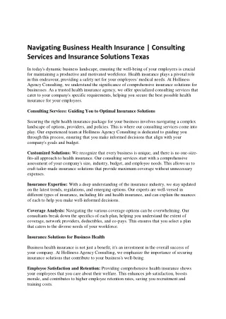 Navigating Business Health Insurance  Consulting Services and Insurance Solutions Texas