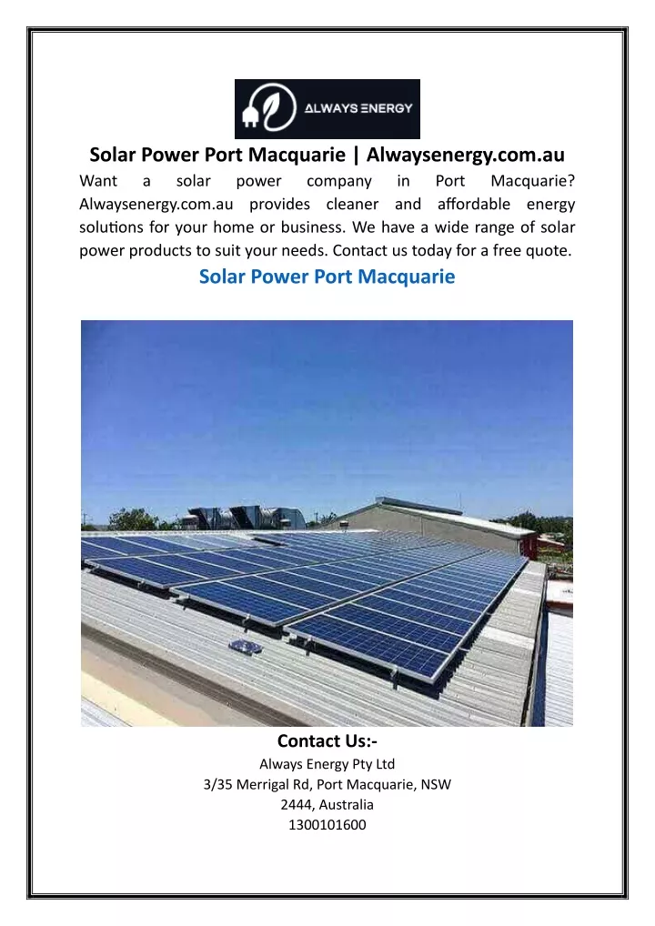solar power port macquarie alwaysenergy
