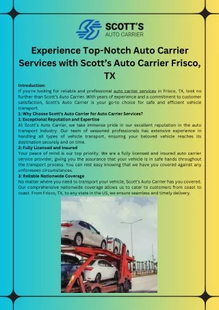 Experience Top-Notch Auto Carrier Services with Scott’s Auto Carrier Frisco, TX