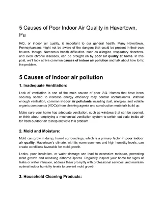 5 Causes of Poor Indoor Air Quality in Havertown, Pa