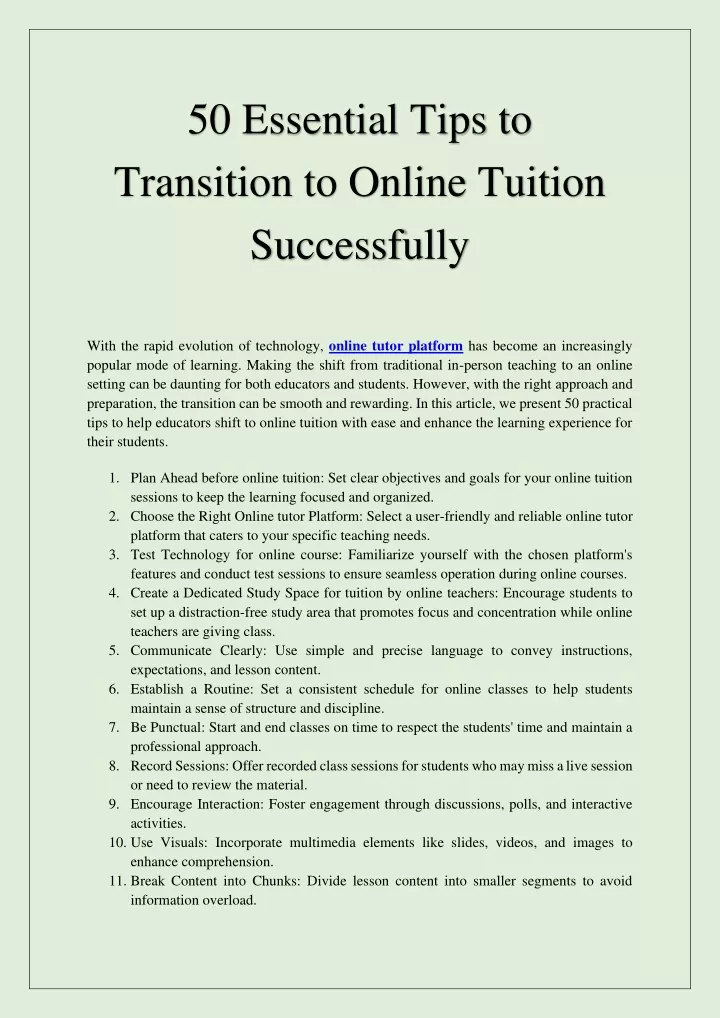 50 essential tips to transition to online tuition