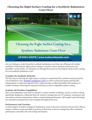 Choosing the Right Surface Coating for a Synthetic Badminton Court Floor