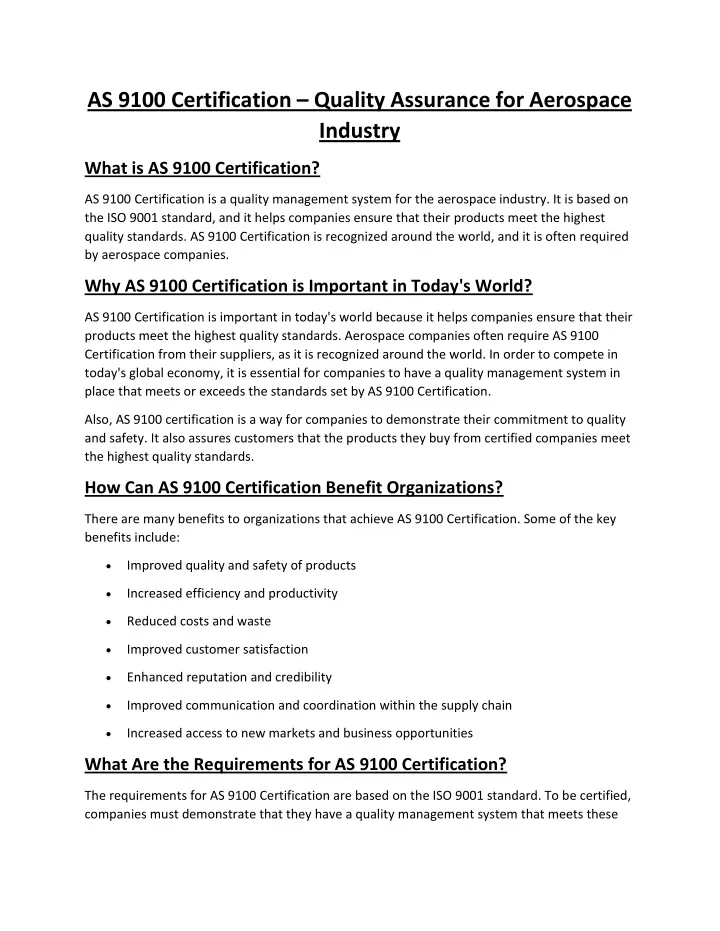 as 9100 certification quality assurance