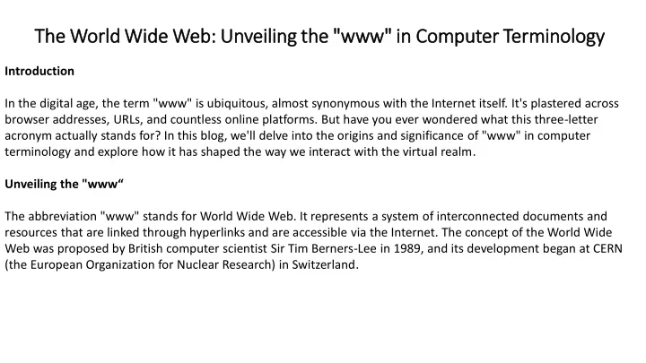 the world wide web unveiling the www in computer