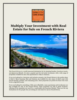 Multiply Your Investment with Real Estate for Sale on French Riviera