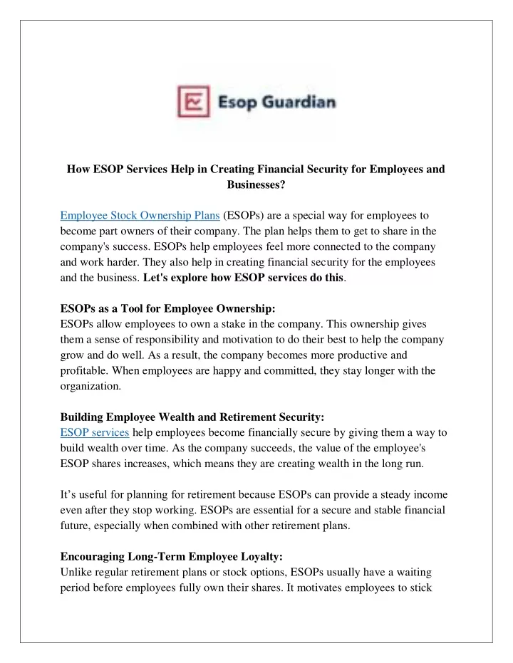 how esop services help in creating financial