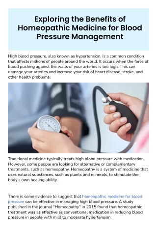 Exploring the Benefits of Homeopathic Medicine for Blood Pressure Management