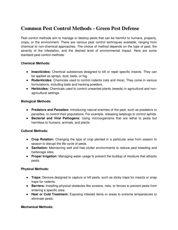 common pest control methods green pest defense