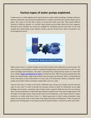 Various types of water pumps explained