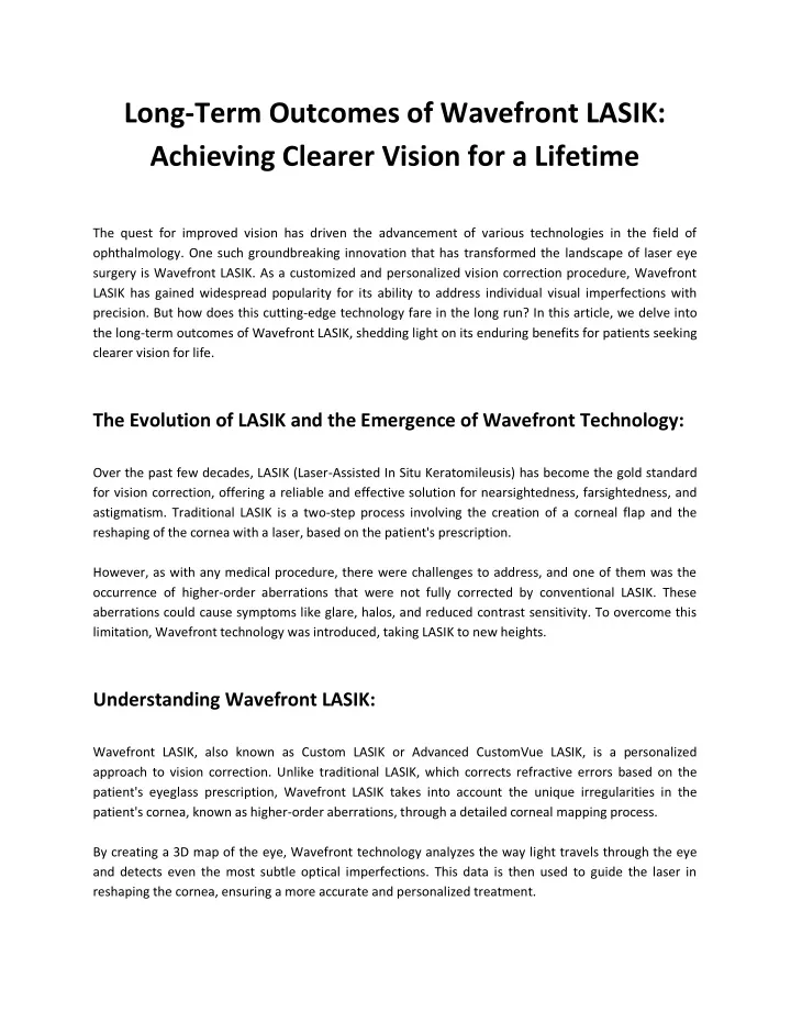 long term outcomes of wavefront lasik achieving