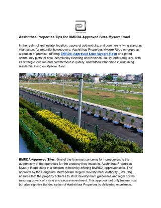 Aashrithaa Properties Tips for BMRDA Approved Sites Mysore Road