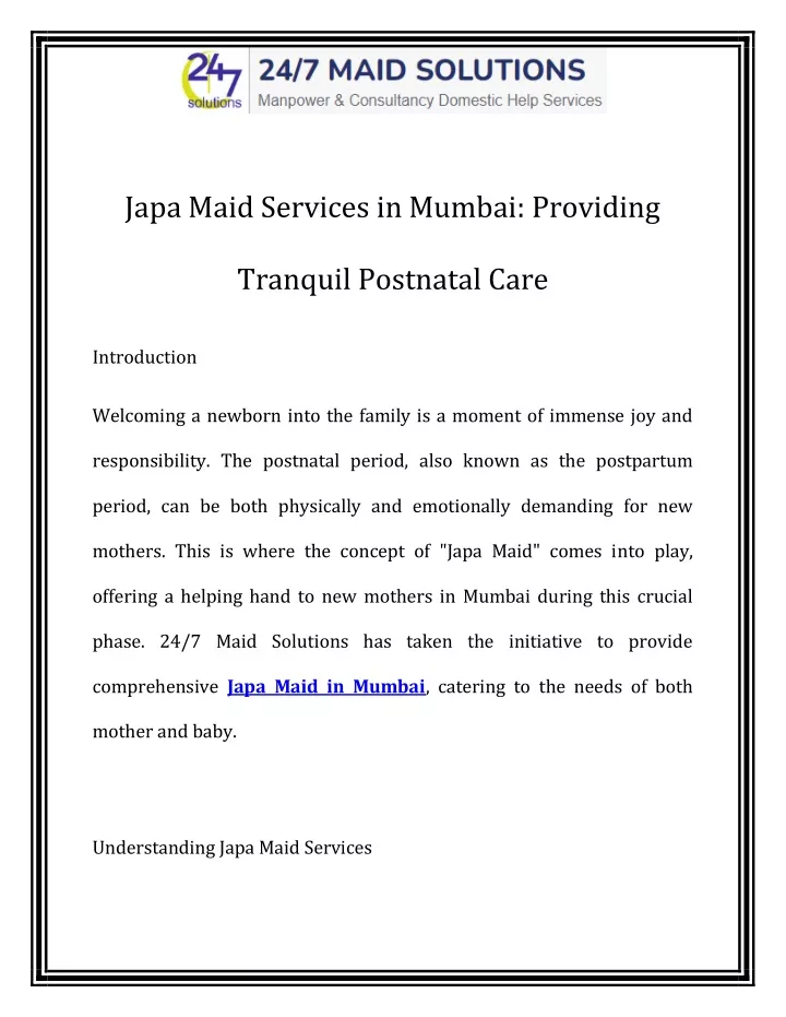 japa maid services in mumbai providing