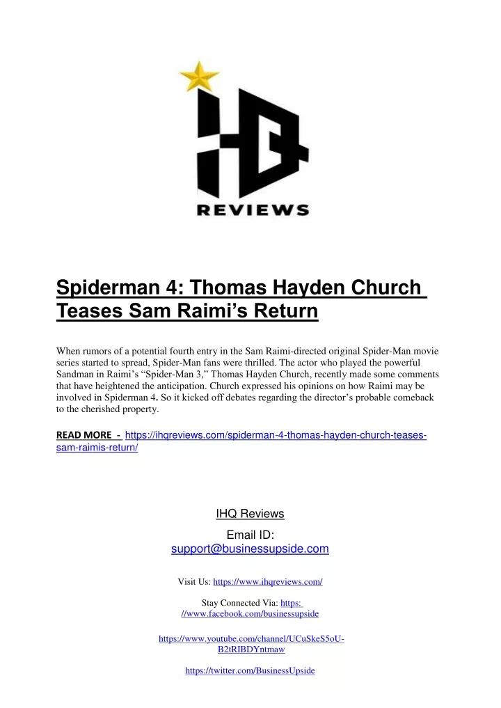 spiderman 4 thomas hayden church teases sam raimi