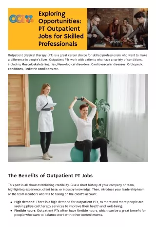 Discover The Best PT Outpatient Jobs with Critical Connection Inc