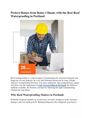 Protect Homes from Rainy Climate with the Best Roof Waterproofing in Portland
