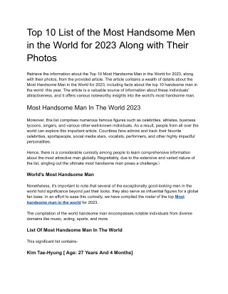 Retrieve the information about the Top 10 Most Handsome Man in the World for 2023, along with their photos, from the pro