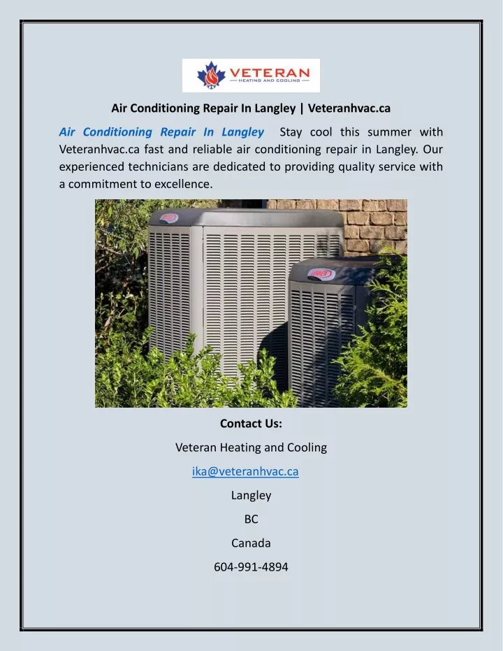 air conditioning repair in langley veteranhvac ca
