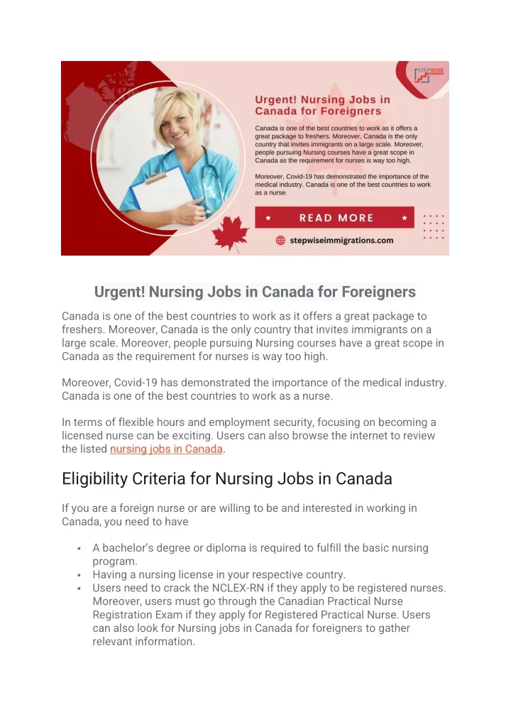 urgent nursing jobs in canada for foreigners