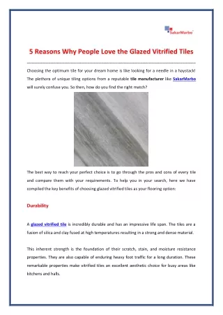 5 Reasons Why People Love the Glazed Vitrified Tiles