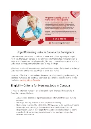 Urgent! Nursing Jobs In Canada For Foreigners