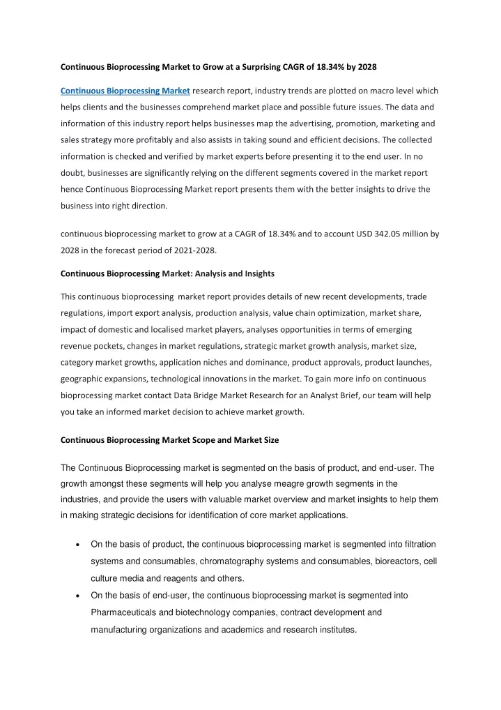 continuous bioprocessing market to grow