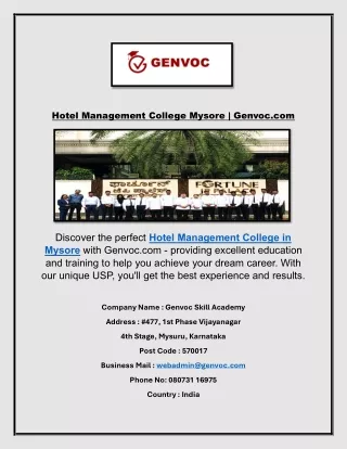 Hotel Management College Mysore | Genvoc.com