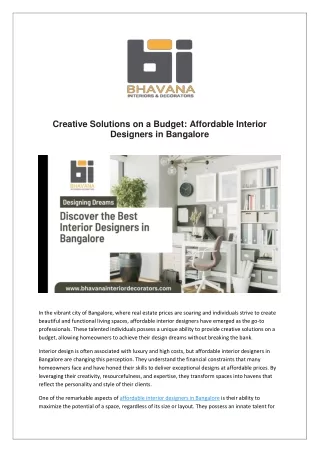 Creative Solutions on a Budget: Affordable Interior Designers in Bangalore