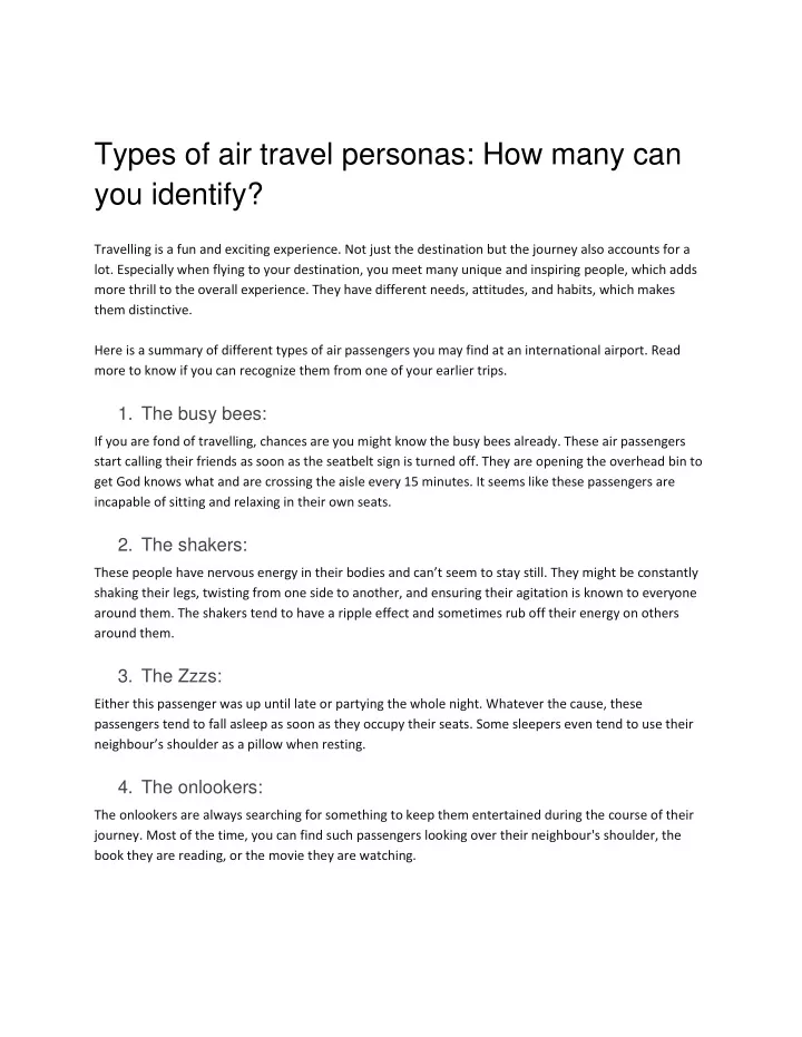 types of air travel personas how many