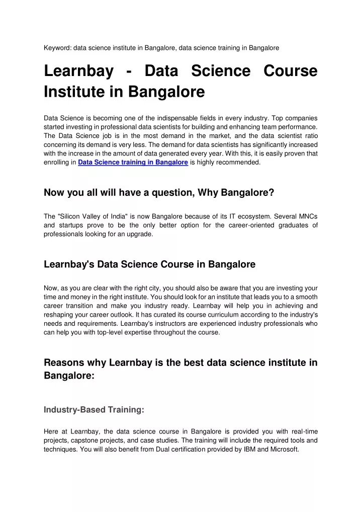 keyword data science institute in bangalore data