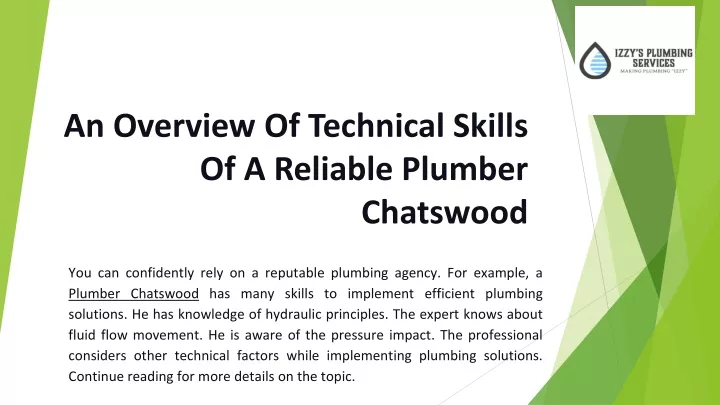 an overview o f techn ical skills of a reliable plumber chatswood