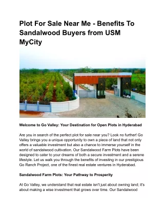 Plot For Sale Near Me - Benefits To Sandalwood Buyers from USM MyCity