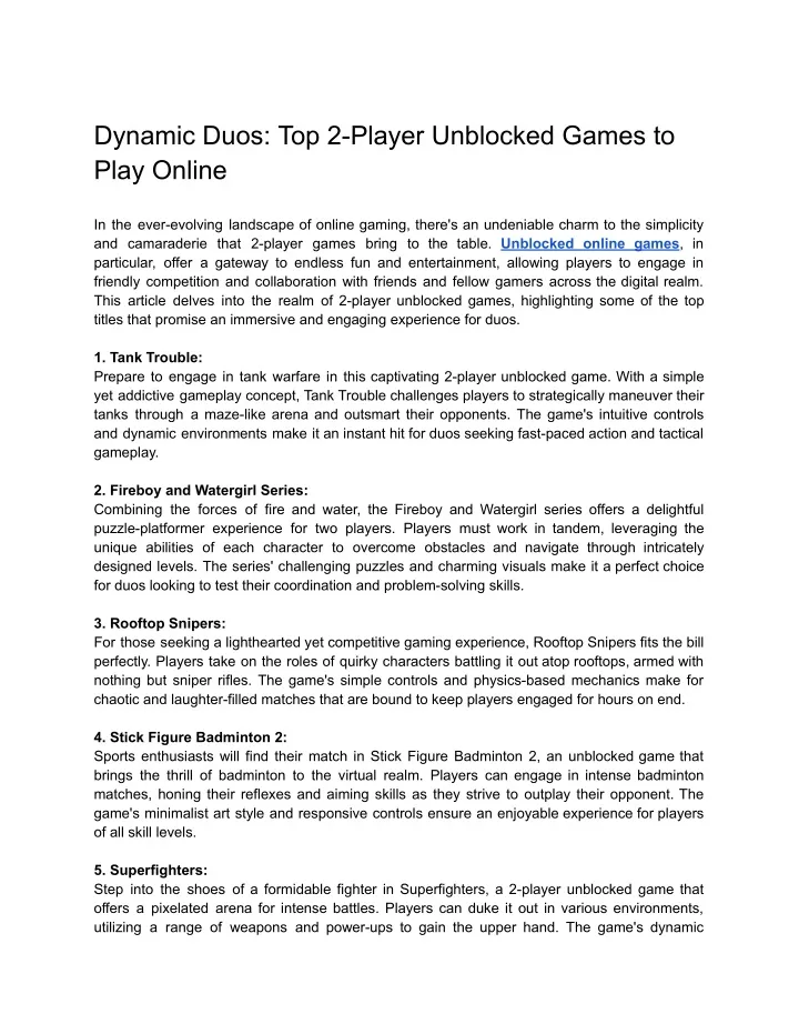 dynamic duos top 2 player unblocked games to play