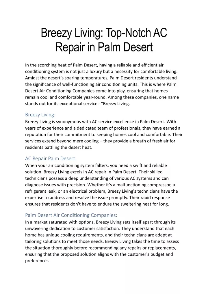 breezy living top notch ac repair in palm desert