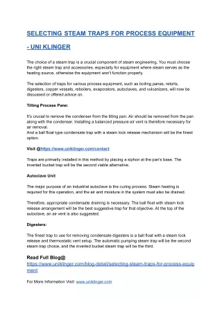 SELECTING STEAM TRAPS FOR PROCESS EQUIPMENT
